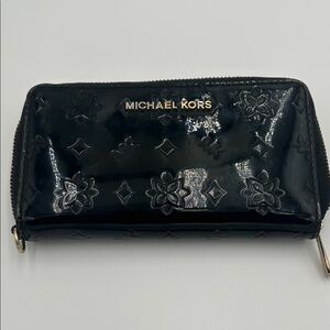Michael Kors Black Glossy Embossed Zip Around Wallet